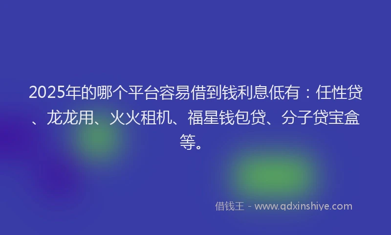 2025年的哪个平台容易借到钱利息低有：任性贷、龙龙用、火火租机、福星钱包贷、分子贷宝盒等。