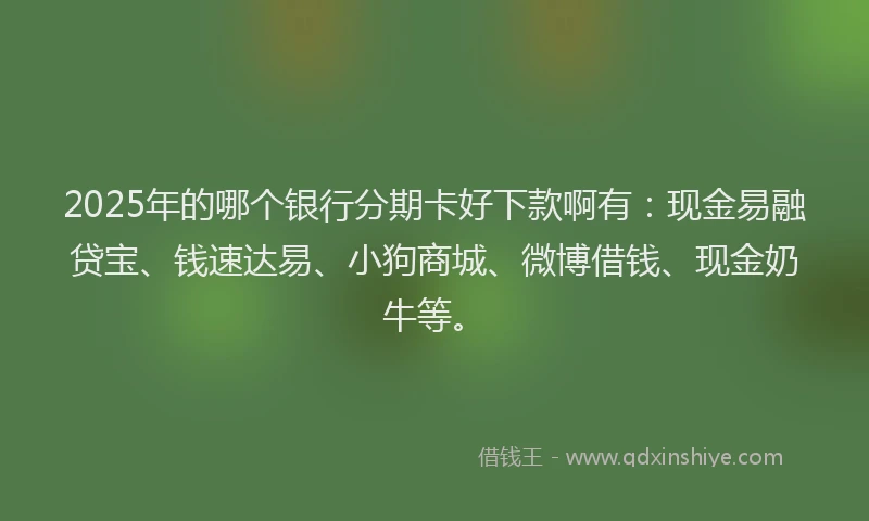 2025年的哪个银行分期卡好下款啊有：现金易融贷宝、钱速达易、小狗商城、微博借钱、现金奶牛等。