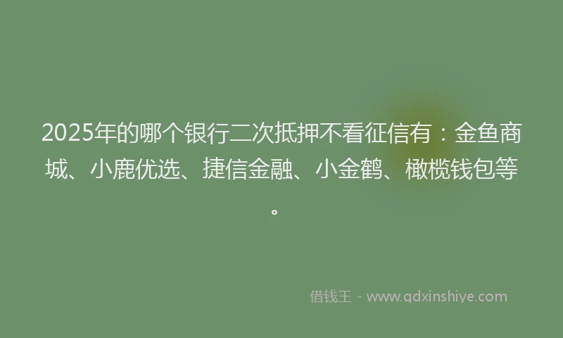2025年的哪个银行二次抵押不看征信有：金鱼商城、小鹿优选、捷信金融、小金鹤、橄榄钱包等。