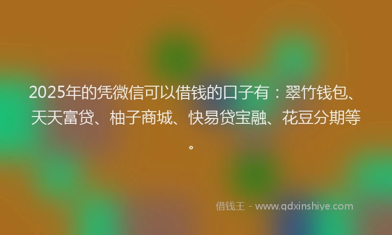 2025年的凭微信可以借钱的口子有：翠竹钱包、天天富贷、柚子商城、快易贷宝融、花豆分期等。