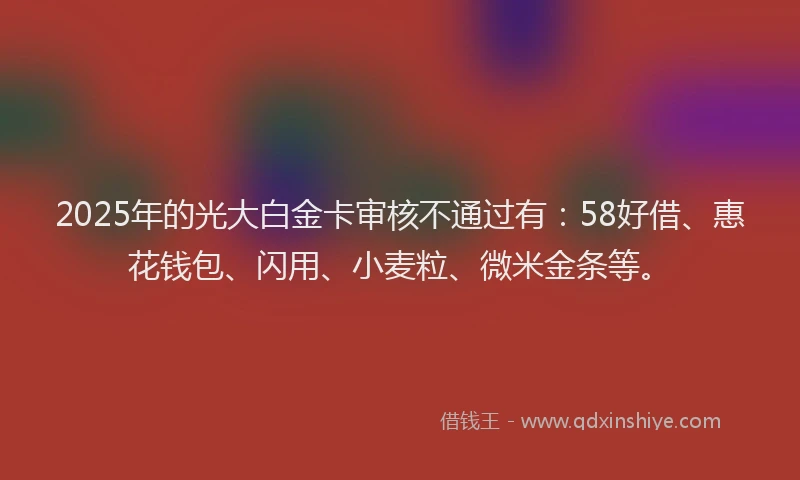 2025年的光大白金卡审核不通过有：58好借、惠花钱包、闪用、小麦粒、微米金条等。