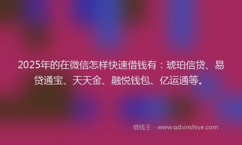 2025年的在微信怎样快速借钱有：琥珀信贷、易贷通宝、天天金、融悦钱包、亿运通等。