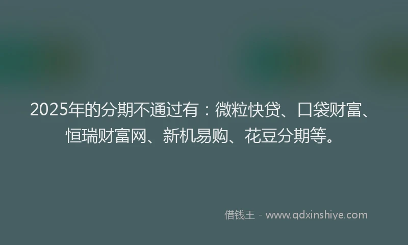 2025年的分期不通过有：微粒快贷、口袋财富、恒瑞财富网、新机易购、花豆分期等。