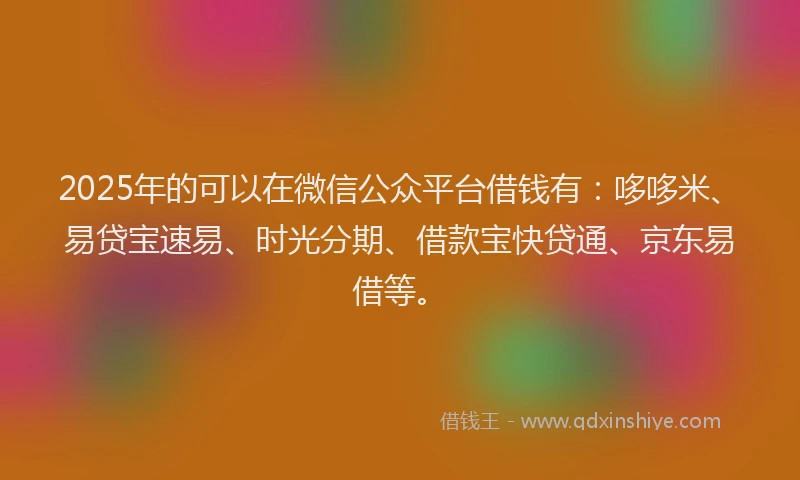 2025年的可以在微信公众平台借钱有：哆哆米、易贷宝速易、时光分期、借款宝快贷通、京东易借等。