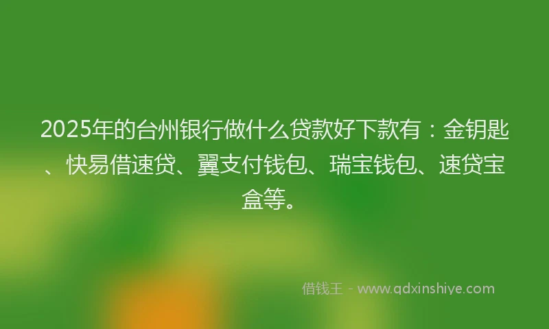 2025年的台州银行做什么贷款好下款有：金钥匙、快易借速贷、翼支付钱包、瑞宝钱包、速贷宝盒等。