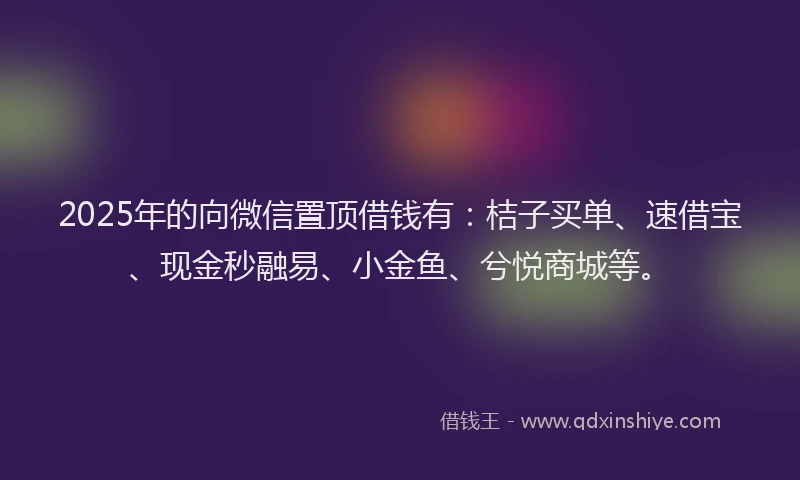 2025年的向微信置顶借钱有：桔子买单、速借宝、现金秒融易、小金鱼、兮悦商城等。