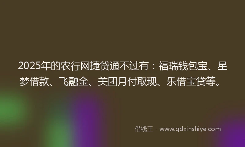 2025年的农行网捷贷通不过有：福瑞钱包宝、星梦借款、飞融金、美团月付取现、乐借宝贷等。
