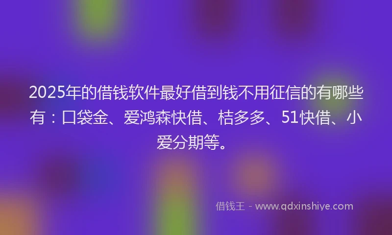 2025年的借钱软件最好借到钱不用征信的有哪些有：口袋金、爱鸿森快借、桔多多、51快借、小爱分期等。