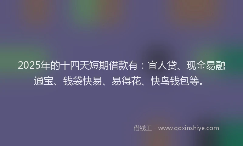 2025年的十四天短期借款有：宜人贷、现金易融通宝、钱袋快易、易得花、快鸟钱包等。