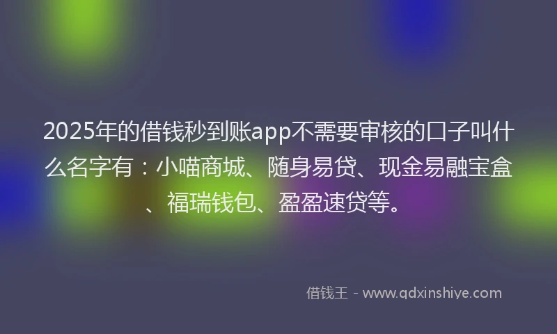 2025年的借钱秒到账app不需要审核的口子叫什么名字有：小喵商城、随身易贷、现金易融宝盒、福瑞钱包、盈盈速贷等。