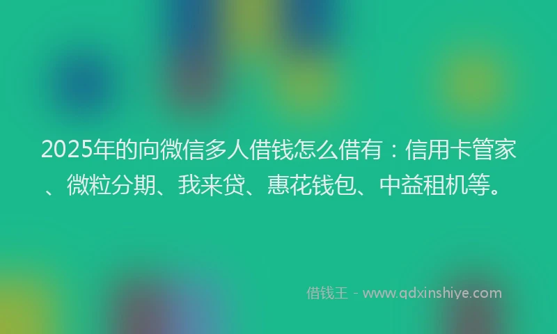 2025年的向微信多人借钱怎么借有：信用卡管家、微粒分期、我来贷、惠花钱包、中益租机等。