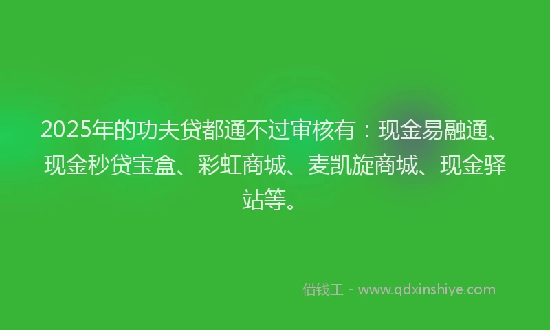2025年的功夫贷都通不过审核有：现金易融通、现金秒贷宝盒、彩虹商城、麦凯旋商城、现金驿站等。