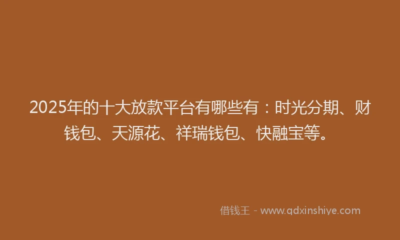 2025年的十大放款平台有哪些有：时光分期、财钱包、天源花、祥瑞钱包、快融宝等。