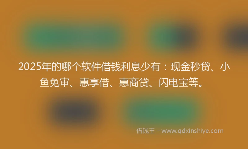 2025年的哪个软件借钱利息少有：现金秒贷、小鱼免审、惠享借、惠商贷、闪电宝等。