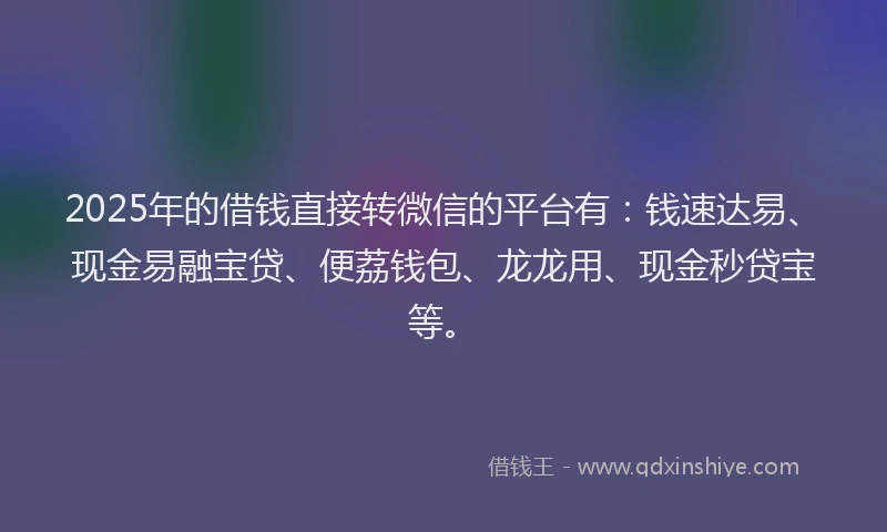 2025年的借钱直接转微信的平台有：钱速达易、现金易融宝贷、便荔钱包、龙龙用、现金秒贷宝等。
