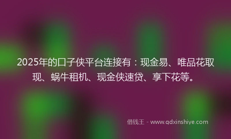 2025年的口子侠平台连接有：现金易、唯品花取现、蜗牛租机、现金侠速贷、享下花等。