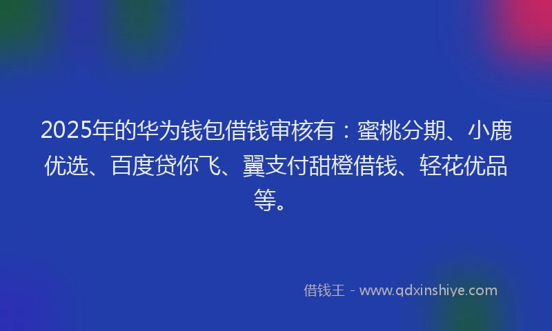 2025年的华为钱包借钱审核有：蜜桃分期、小鹿优选、百度贷你飞、翼支付甜橙借钱、轻花优品等。