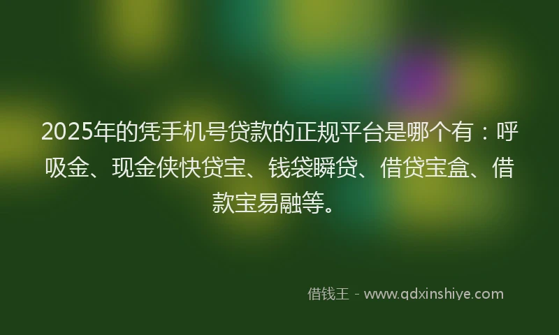 2025年的凭手机号贷款的正规平台是哪个有：呼吸金、现金侠快贷宝、钱袋瞬贷、借贷宝盒、借款宝易融等。