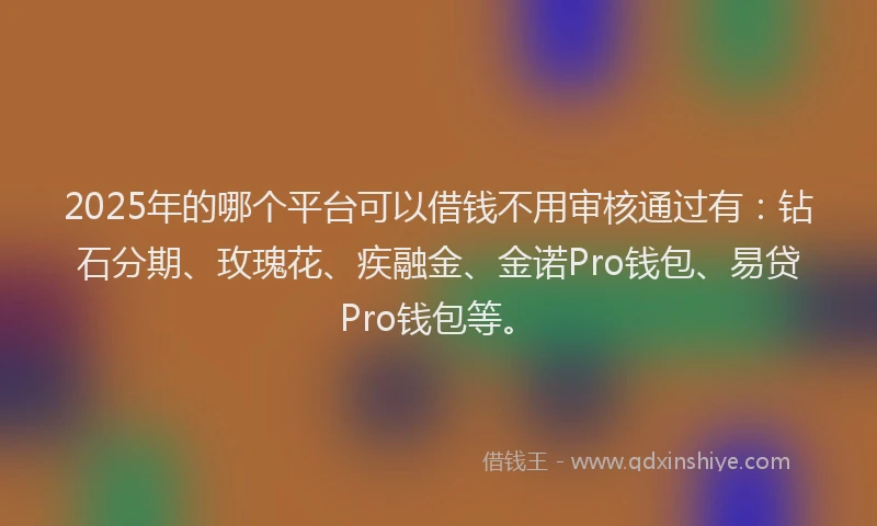 2025年的哪个平台可以借钱不用审核通过有：钻石分期、玫瑰花、疾融金、金诺Pro钱包、易贷Pro钱包等。