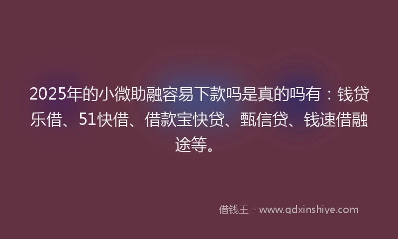 2025年的小微助融容易下款吗是真的吗有：钱贷乐借、51快借、借款宝快贷、甄信贷、钱速借融途等。