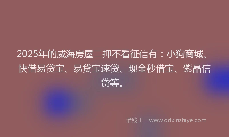 2025年的威海房屋二押不看征信有：小狗商城、快借易贷宝、易贷宝速贷、现金秒借宝、紫晶信贷等。