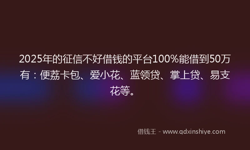 2025年的征信不好借钱的平台100%能借到50万有：便荔卡包、爱小花、蓝领贷、掌上贷、易支花等。