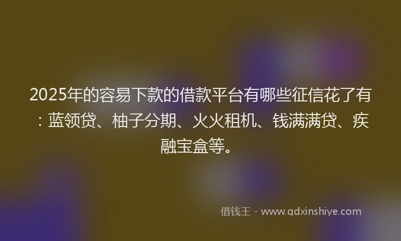 2025年的容易下款的借款平台有哪些征信花了有：蓝领贷、柚子分期、火火租机、钱满满贷、疾融宝盒等。