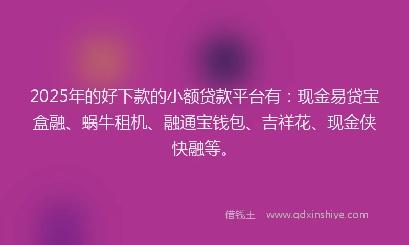 2025年的好下款的小额贷款平台有：现金易贷宝盒融、蜗牛租机、融通宝钱包、吉祥花、现金侠快融等。