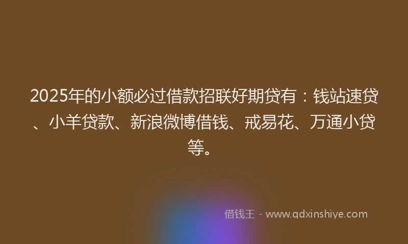 2025年的小额必过借款招联好期贷有：钱站速贷、小羊贷款、新浪微博借钱、戒易花、万通小贷等。