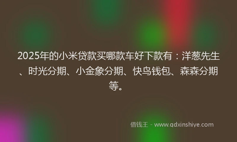 2025年的小米贷款买哪款车好下款有：洋葱先生、时光分期、小金象分期、快鸟钱包、森森分期等。