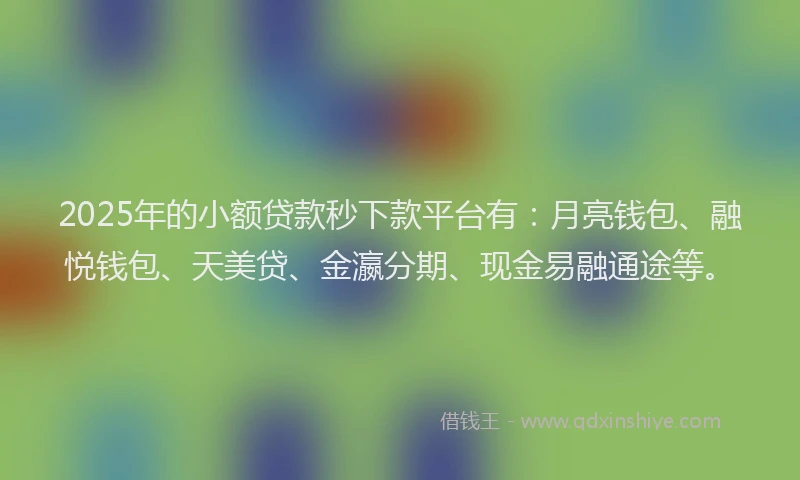 2025年的小额贷款秒下款平台有：月亮钱包、融悦钱包、天美贷、金瀛分期、现金易融通途等。