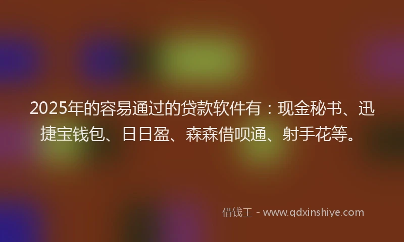 2025年的容易通过的贷款软件有：现金秘书、迅捷宝钱包、日日盈、森森借呗通、射手花等。