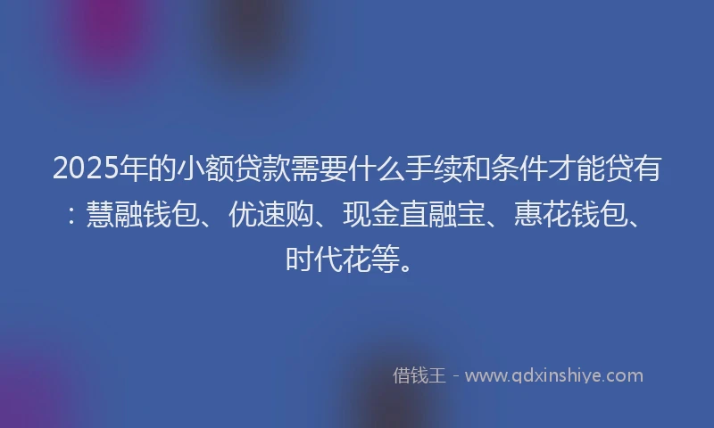 2025年的小额贷款需要什么手续和条件才能贷有：慧融钱包、优速购、现金直融宝、惠花钱包、时代花等。