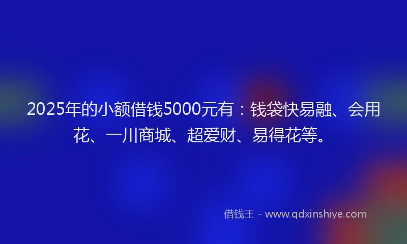 2025年的小额借钱5000元有：钱袋快易融、会用花、一川商城、超爱财、易得花等。