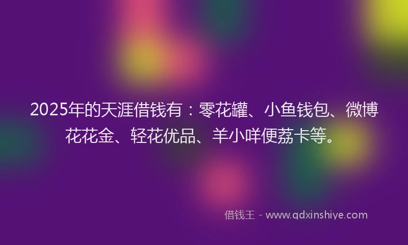 2025年的天涯借钱有：零花罐、小鱼钱包、微博花花金、轻花优品、羊小咩便荔卡等。