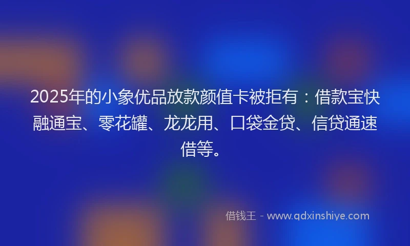 2025年的小象优品放款颜值卡被拒有：借款宝快融通宝、零花罐、龙龙用、口袋金贷、信贷通速借等。