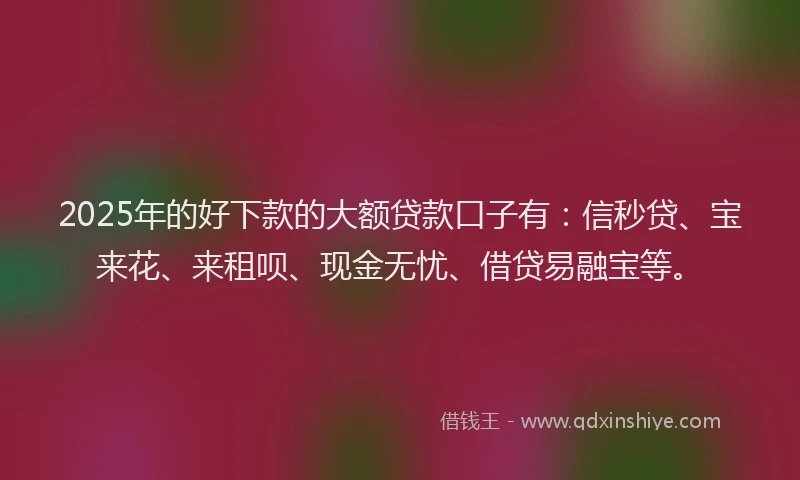 2025年的好下款的大额贷款口子有：信秒贷、宝来花、来租呗、现金无忧、借贷易融宝等。