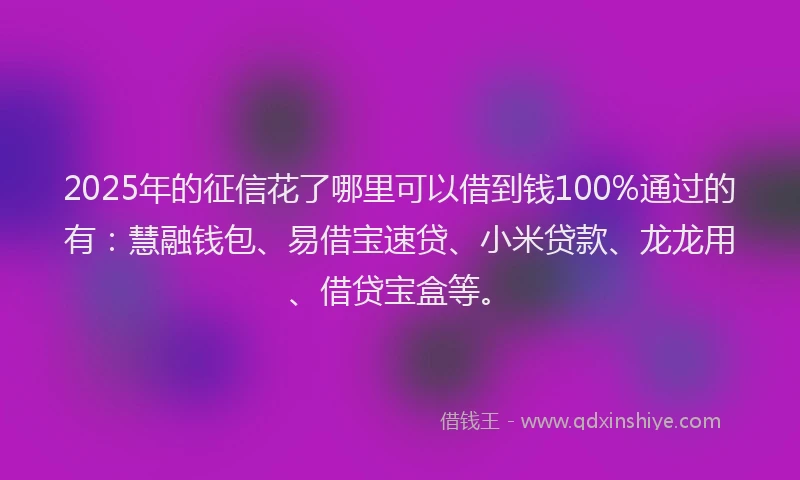 2025年的征信花了哪里可以借到钱100%通过的有：慧融钱包、易借宝速贷、小米贷款、龙龙用、借贷宝盒等。