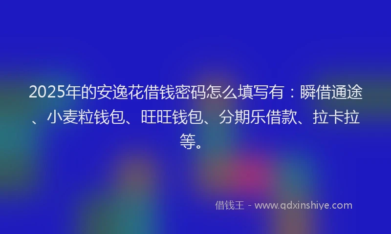 2025年的安逸花借钱密码怎么填写有：瞬借通途、小麦粒钱包、旺旺钱包、分期乐借款、拉卡拉等。