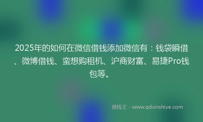 2025年的如何在微信借钱添加微信有：钱袋瞬借、微博借钱、蛮想购租机、沪商财富、易捷Pro钱包等。