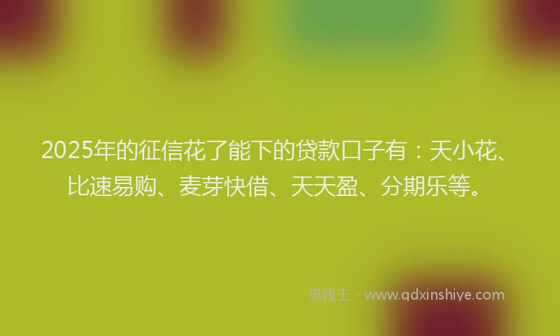2025年的征信花了能下的贷款口子有：天小花、比速易购、麦芽快借、天天盈、分期乐等。