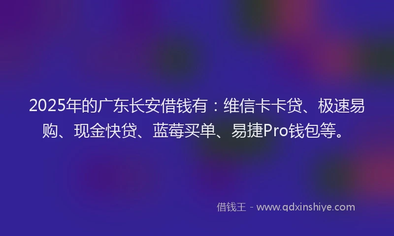 2025年的广东长安借钱有：维信卡卡贷、极速易购、现金快贷、蓝莓买单、易捷Pro钱包等。