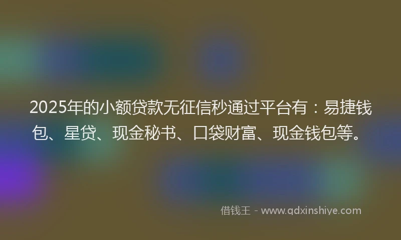 2025年的小额贷款无征信秒通过平台有：易捷钱包、星贷、现金秘书、口袋财富、现金钱包等。