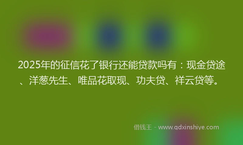 2025年的征信花了银行还能贷款吗有：现金贷途、洋葱先生、唯品花取现、功夫贷、祥云贷等。