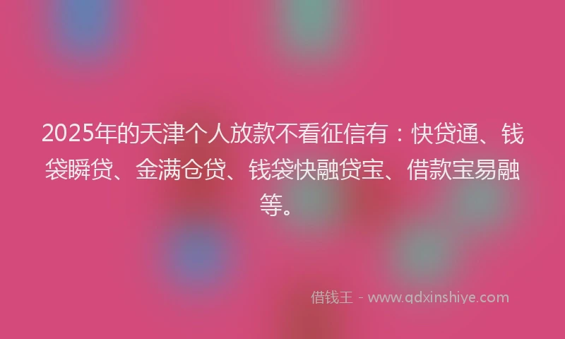 2025年的天津个人放款不看征信有：快贷通、钱袋瞬贷、金满仓贷、钱袋快融贷宝、借款宝易融等。