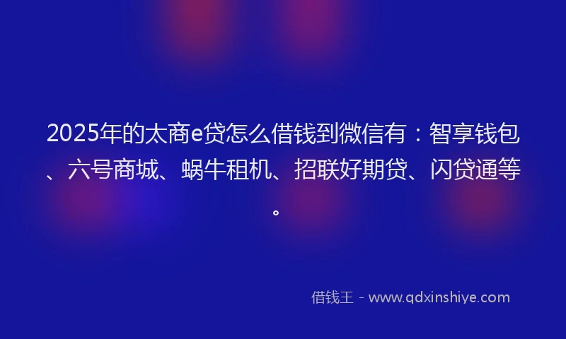 2025年的太商e贷怎么借钱到微信有：智享钱包、六号商城、蜗牛租机、招联好期贷、闪贷通等。