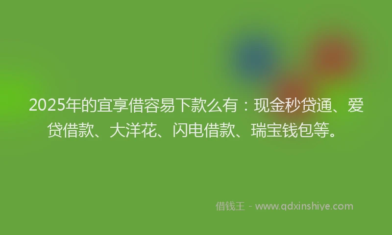 2025年的宜享借容易下款么有：现金秒贷通、爱贷借款、大洋花、闪电借款、瑞宝钱包等。