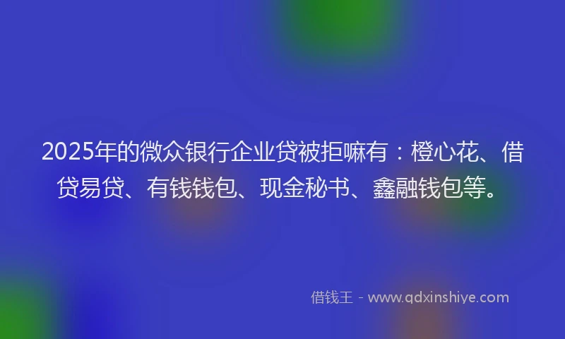 2025年的微众银行企业贷被拒嘛有：橙心花、借贷易贷、有钱钱包、现金秘书、鑫融钱包等。