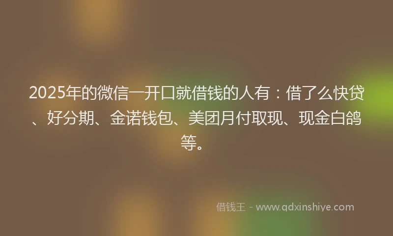 2025年的微信一开口就借钱的人有：借了么快贷、好分期、金诺钱包、美团月付取现、现金白鸽等。