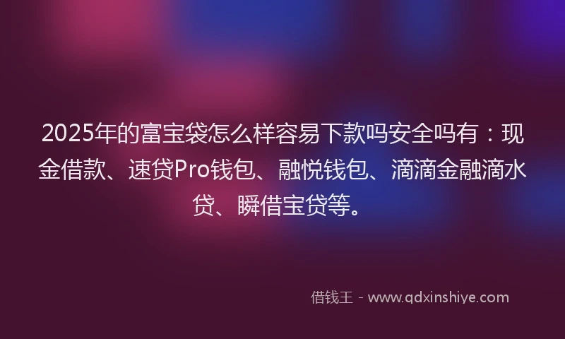 2025年的富宝袋怎么样容易下款吗安全吗有：现金借款、速贷Pro钱包、融悦钱包、滴滴金融滴水贷、瞬借宝贷等。
